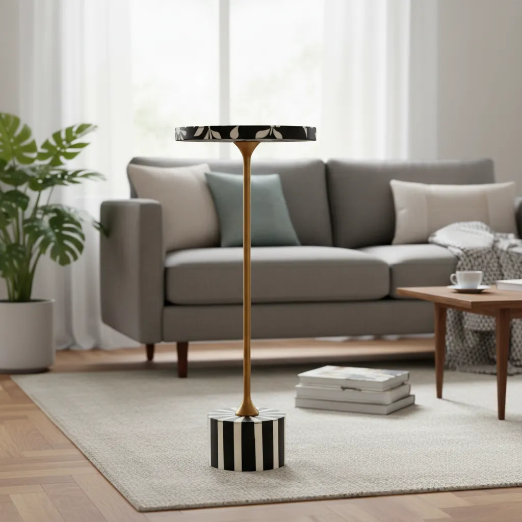 P2 Elegant Black & White Resin Pedestal Accent Table – Striped Base & Floral Inlay (10*24)