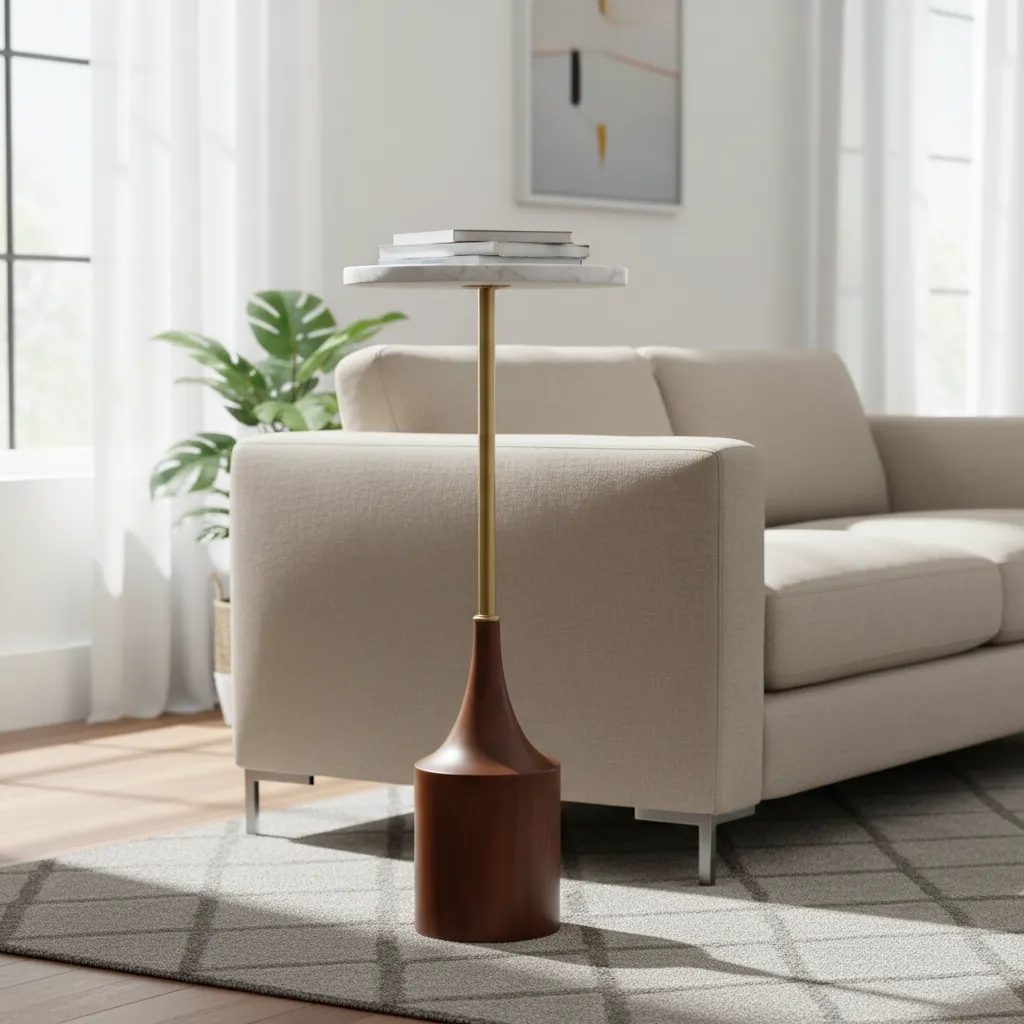 Modern Round Accent Table with White Marble Top and Solid Walnut Wood Base