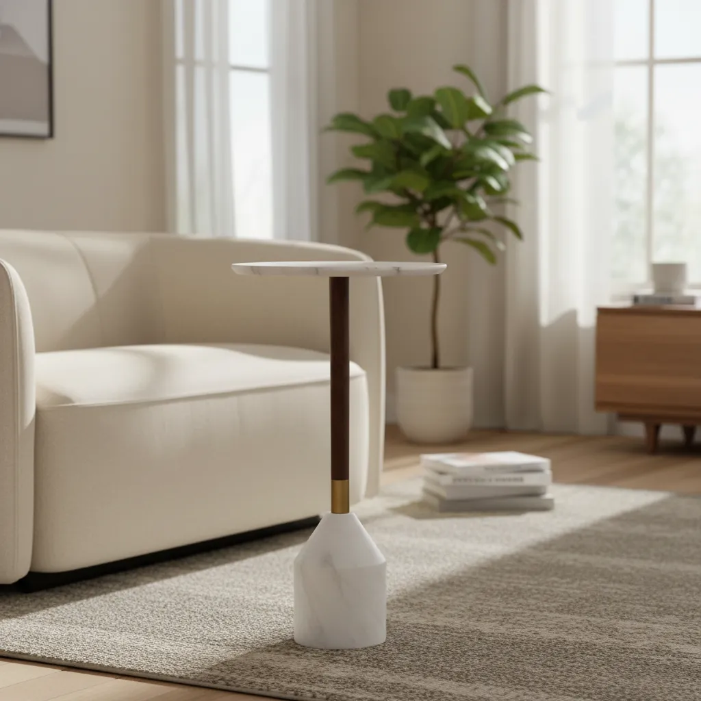 Modern Round Marble Drink Table with Solid Walnut Stem and Brass Accents