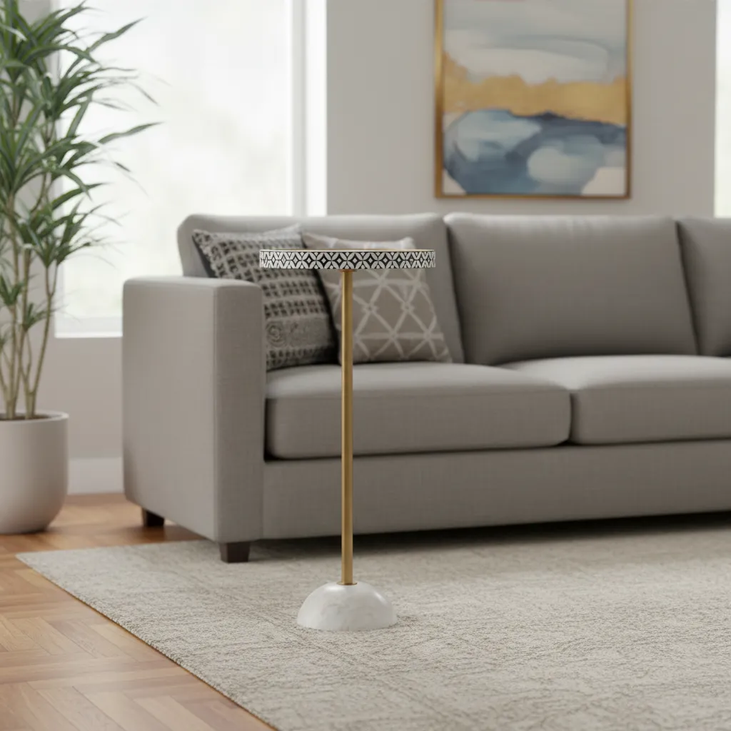 Elegant White Marble Base Pedestal Table – Minimalist Brass Gold Finish End Table for Small Spaces