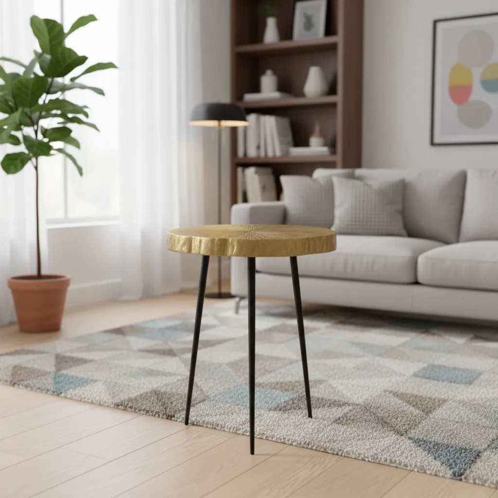 P9 Handcrafted Hammered Gold Accent Table – Industrial Metal End Table for Living Room (10*24)