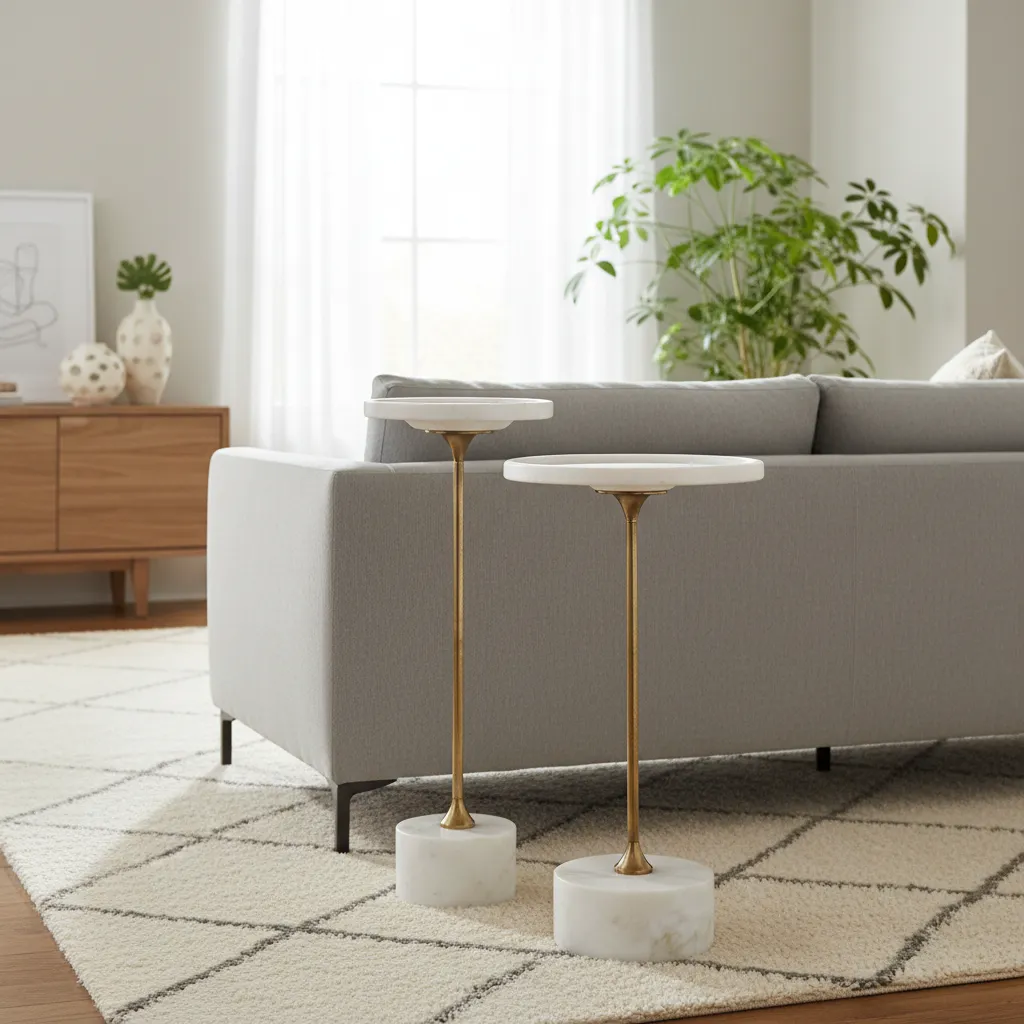 Contemporary Nesting Drink Tables with Genuine White Marble Top and Polished Brass Stem