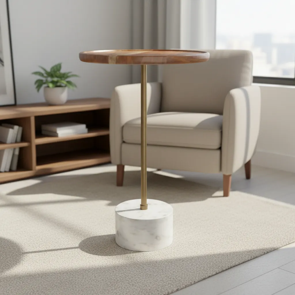 Minimalist Modern Accent Table with Solid Wood Top and Marble Base