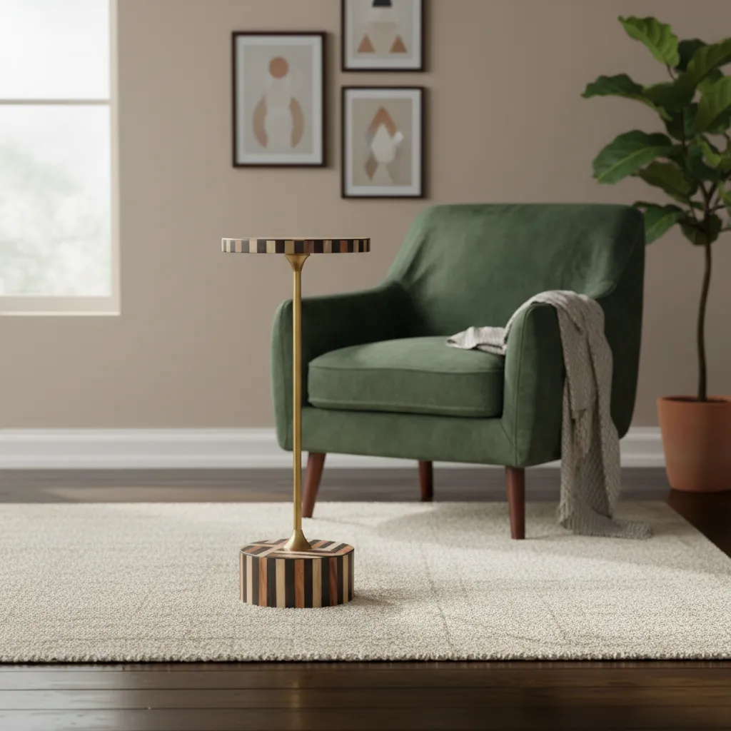 Handcrafted Bone Inlay Round Accent Table with Brass Finish