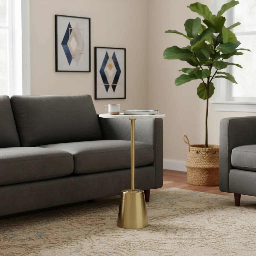 Modern Round White Marble Side Table with Brushed Brass Conical Base