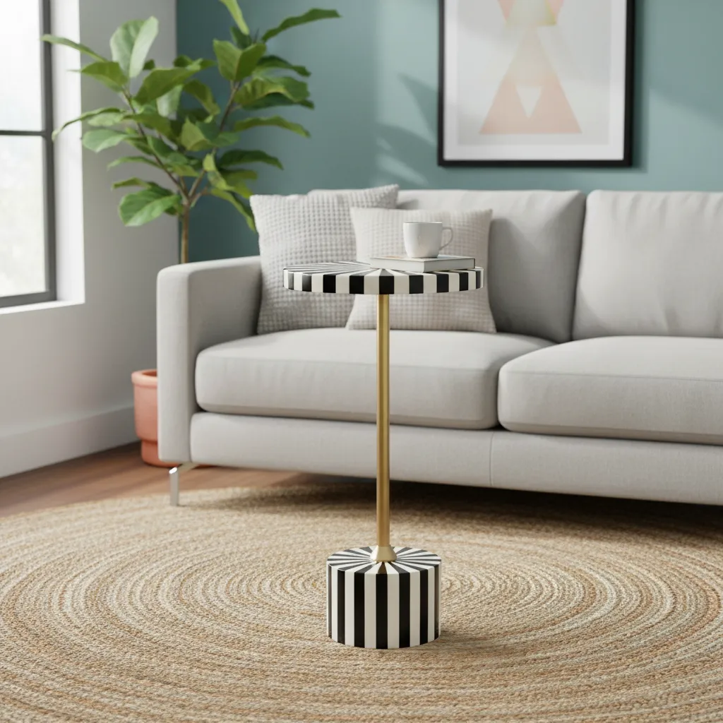 Striped Monochrome Drink Table - Slim Round End Table in Brass Gold Finish
