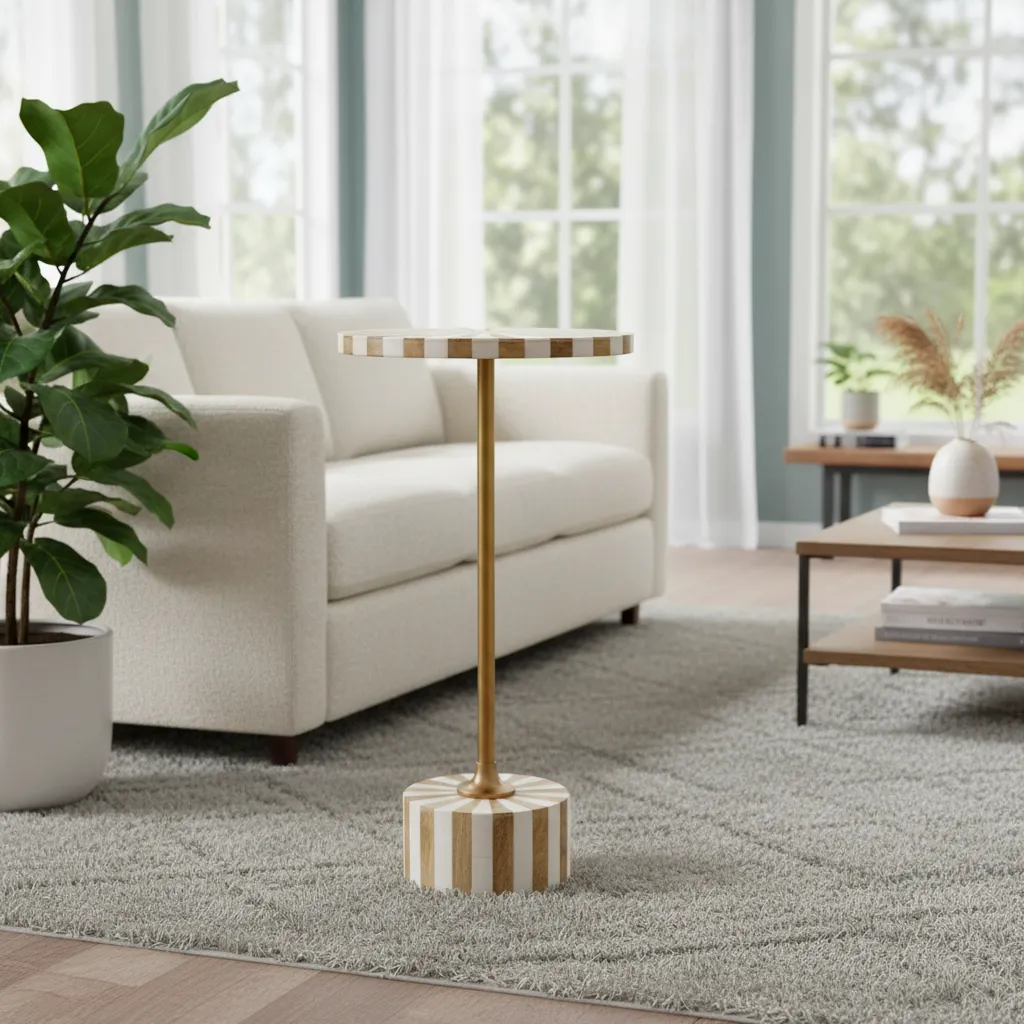 Modern Round Pedestal End Table -Brushed Gold & Natural Wood