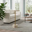 Modern Round Pedestal End Table -Brushed Gold & Natural Wood