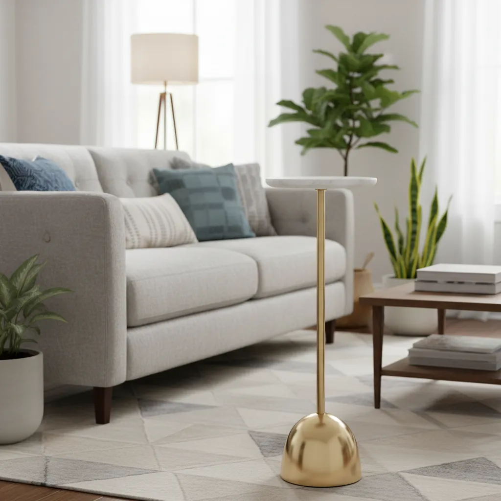 Modern White Marble & Polished Gold Accent Side Table