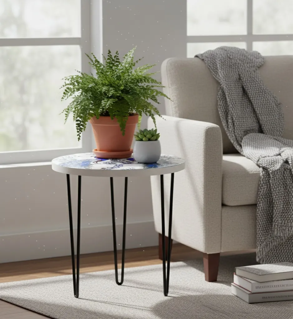 Blue Peacock Enamel Plant Stand with Robust Wooden Surface and Black Iron Hairpin Legs – Available in 3 Sizes