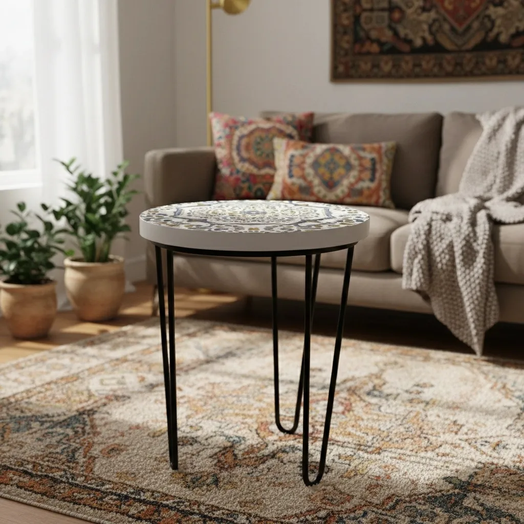 P3 Modern Mandala Pattern Plant Stand with Robust Wooden Surface and Black Iron Hairpin Legs – Available in 3 Sizes (10*15)