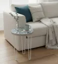 Modern Round Nesting Plant Stand with Hand-Painted Floral Bird Artwork, White Enamel