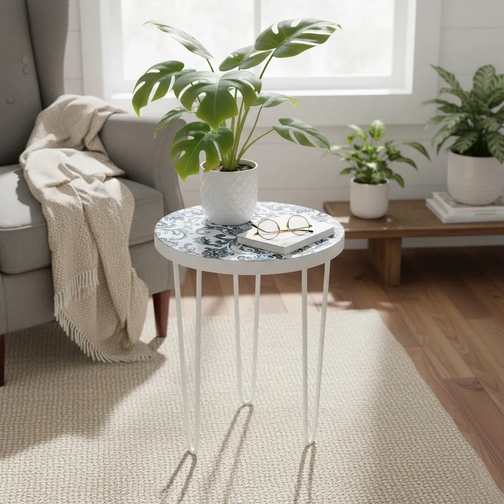 Modern Round Nesting Plant Stand with Hand-Painted Floral Bird Artwork, White Enamel