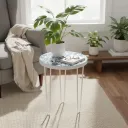 Modern Round Nesting Plant Stand with Hand-Painted Floral Bird Artwork, White Enamel