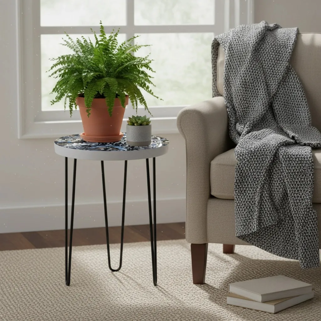 Decorative Indoor Side Table & Tripod Planter Stand with Artistic Patterned Top