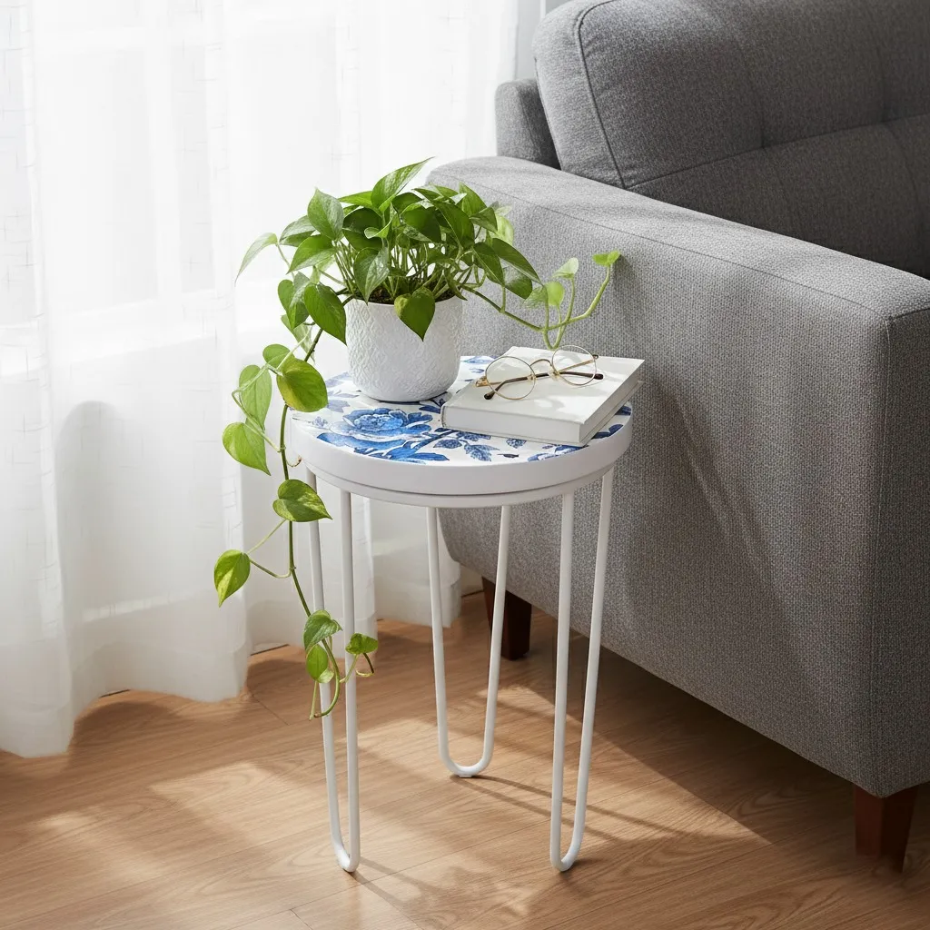 Blue Floral Ceramic-Style Round Plant Stand – Modern Nesting Side Table with White Hairpin Legs