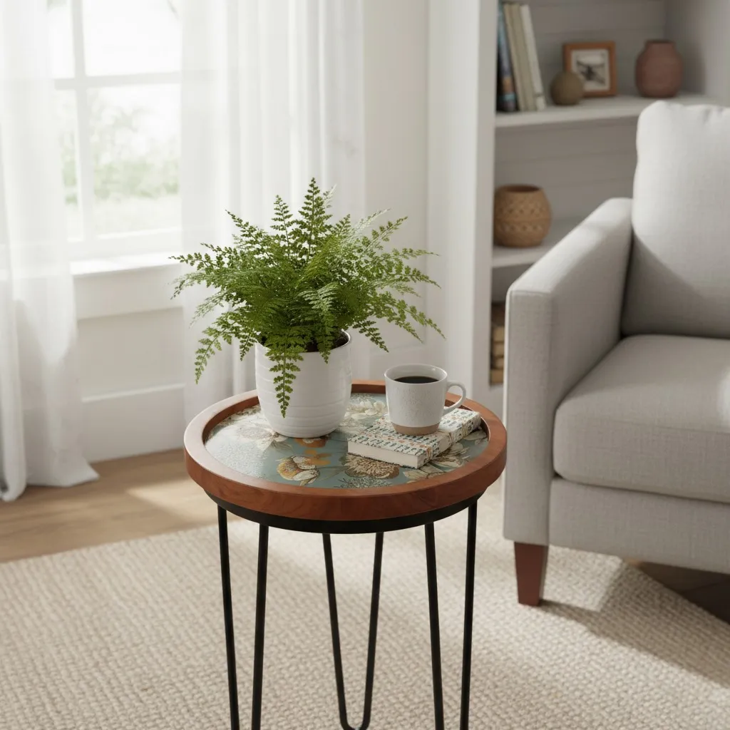 Floral Enamel Wooden Plant Stand with Black Iron Hairpin Legs - Set of 3 Sizes Available