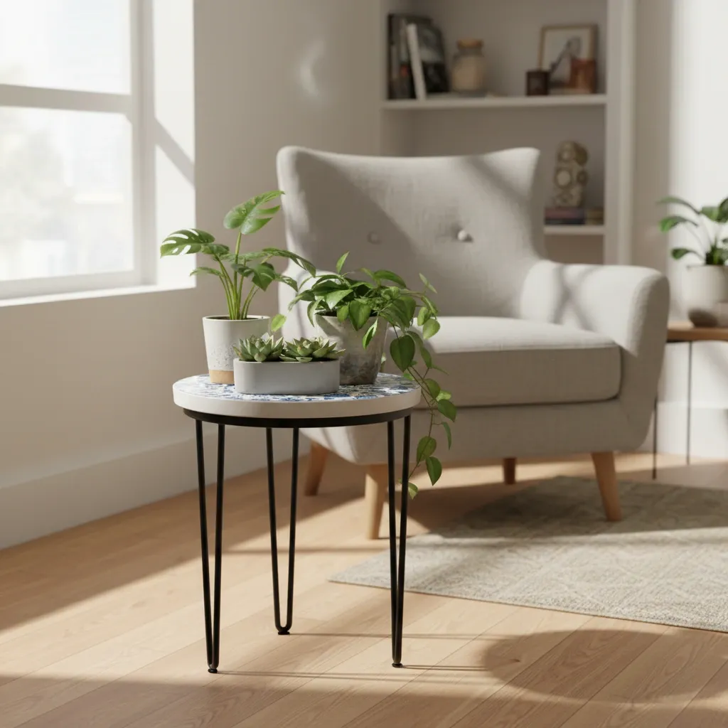 P17 Handcrafted Blue Floral Enamel Plant Stand with Black Iron Hairpin Legs – Set of 3 Sizes Available