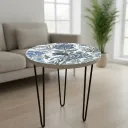 P18 Decorative Accent Side Table with Blue Botanical Artwork and Stable Metal Base