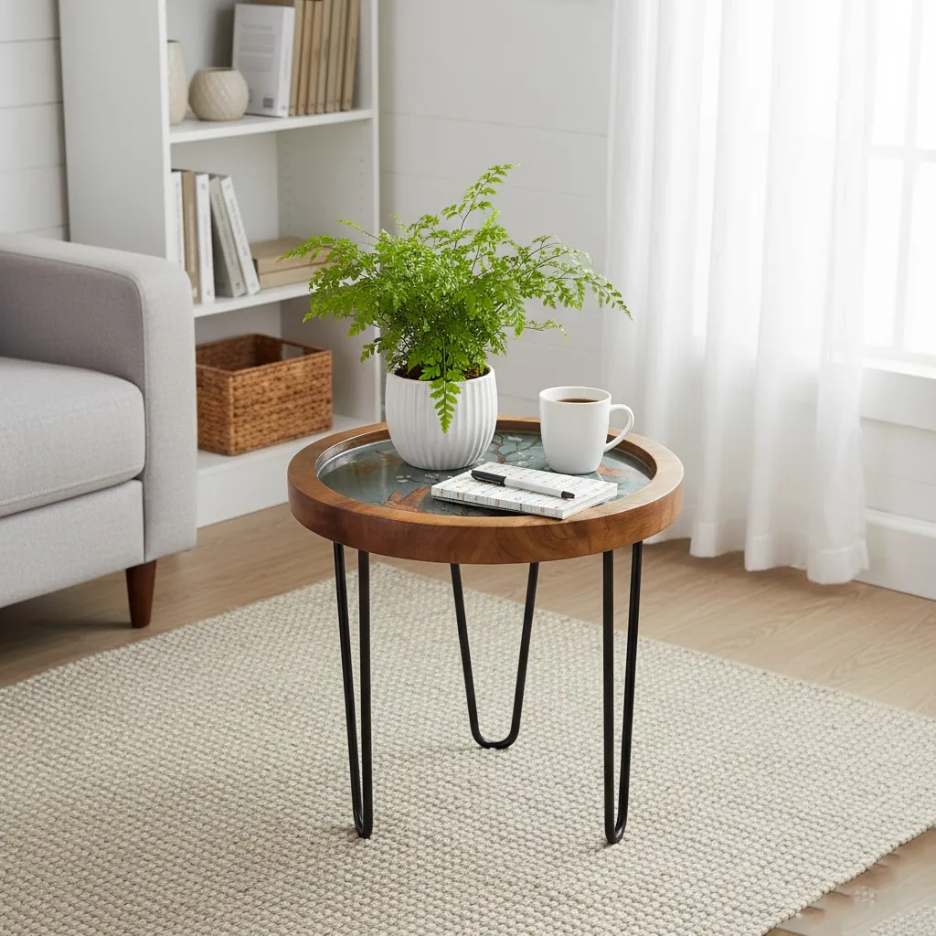 P19 Floral Enamel Round Plant Stand with Black Iron Hairpin Legs – 3 Size Options (10*15)