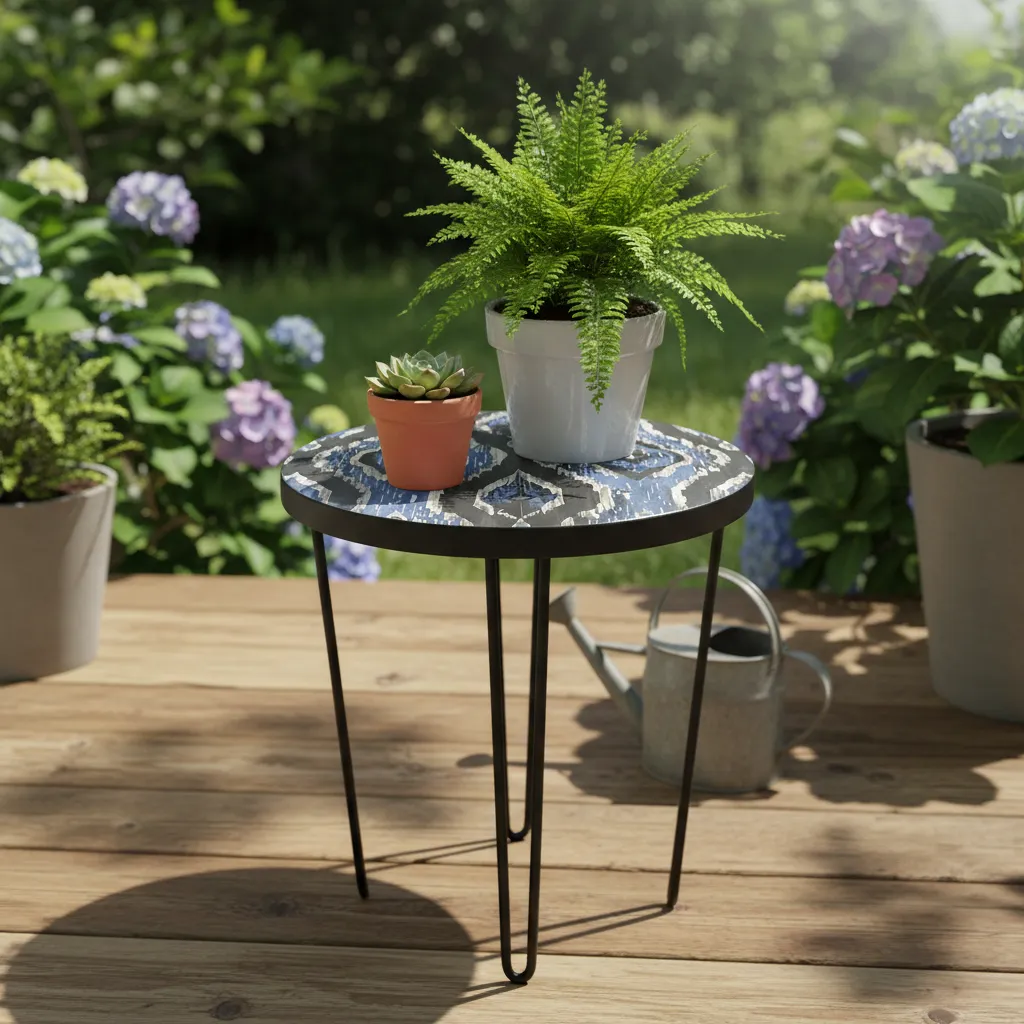 Decorative Indoor Metal Nesting Side Table - Blue Tribal Pattern