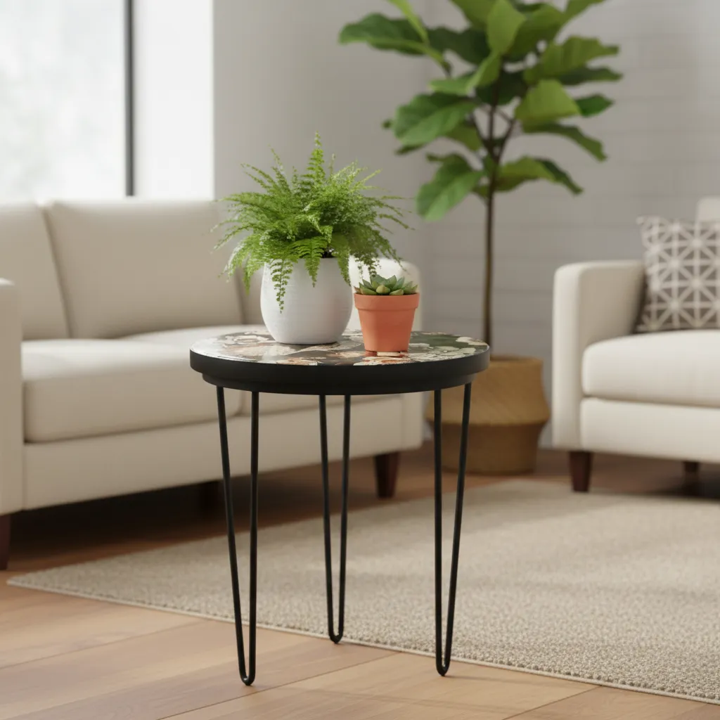 3-Legged Metal Accent Table with Decorative Botanical Top – Indoor Floral Plant Display Stand