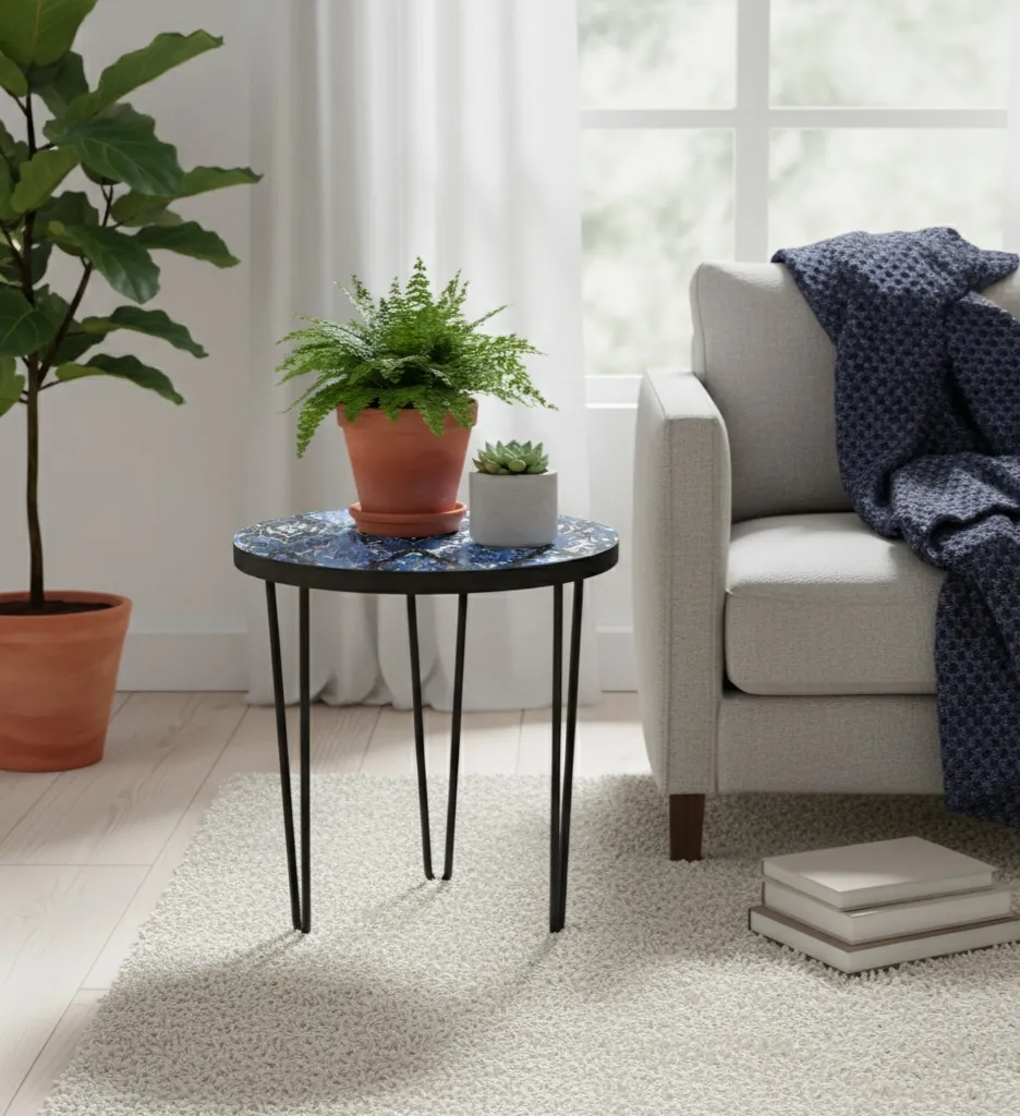Blue Patterned Round Plant Stand with Black Iron Hairpin Legs - Decorative Indoor