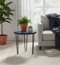 Blue Patterned Round Plant Stand with Black Iron Hairpin Legs - Decorative Indoor
