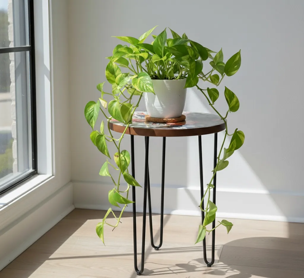 Vintage Floral Bird Print Plant Stand - Round Metal Side Table with Hairpin Legs