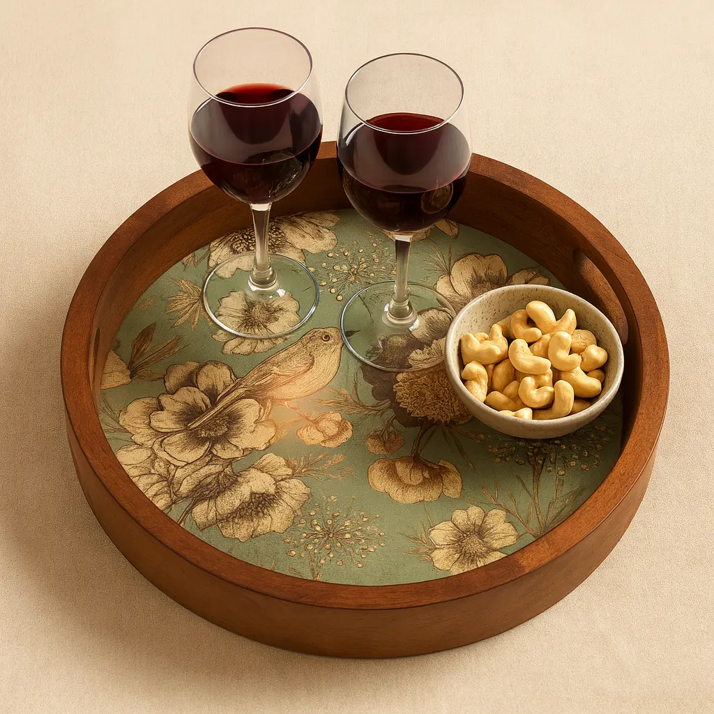 P3 Vintage-Inspired Wooden Serving Tray with Songbird & Peony Decal - Teal Hues