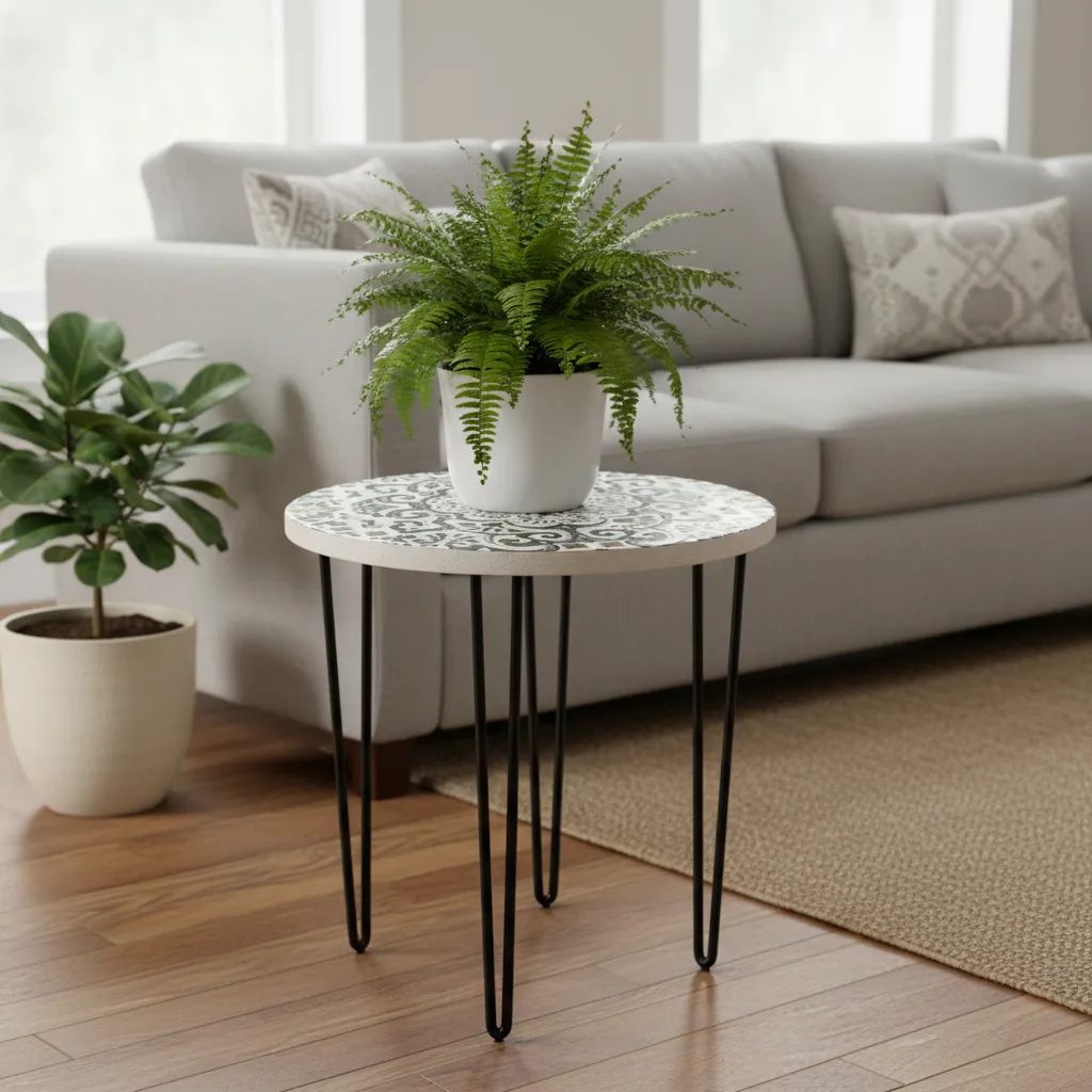 P31 Mandana Art Round Plant Stand with Three Black Iron Hairpin Legs – Enamel Coated Handcrafted (10*15)