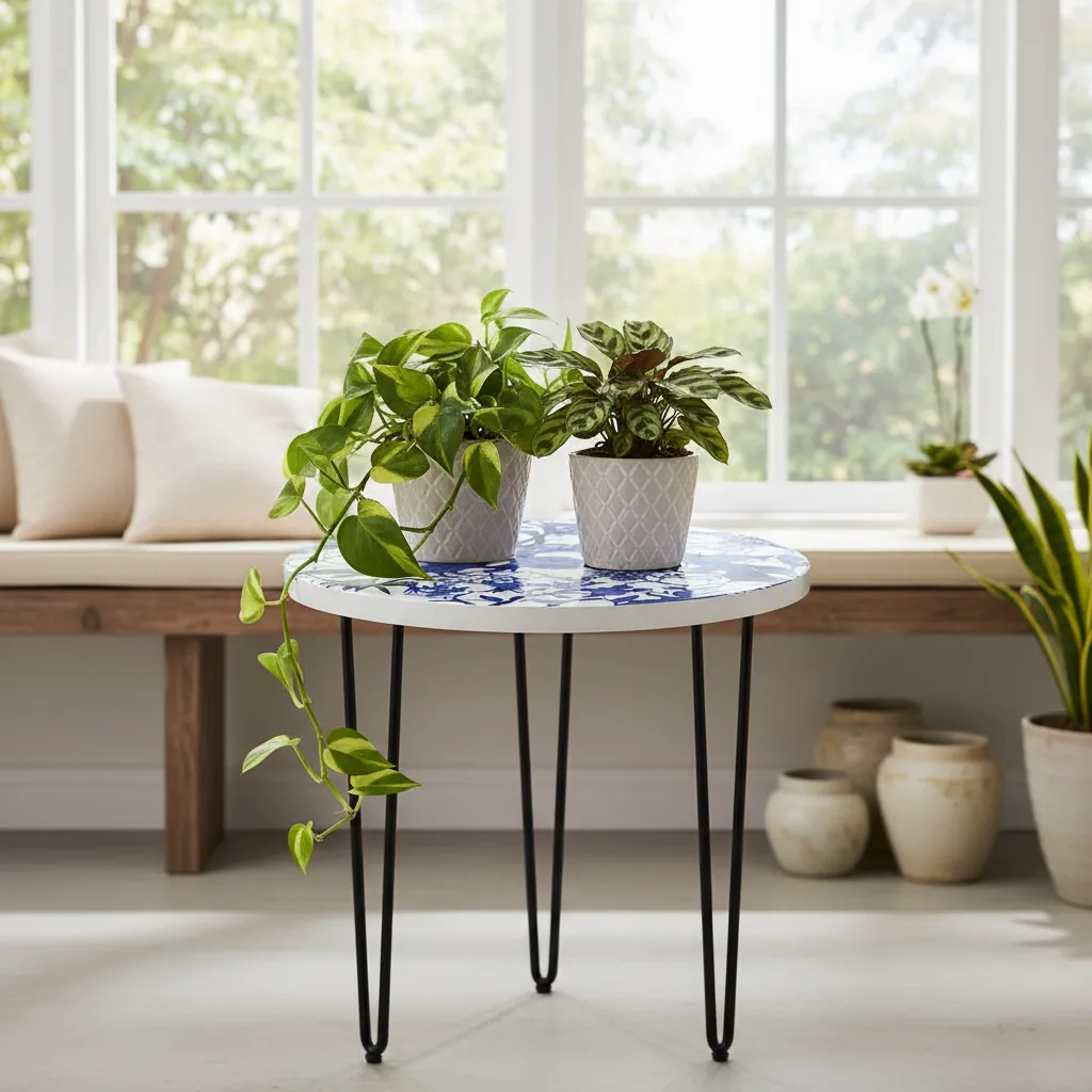 P32 Chinoiserie Blue & White Peacock Plant Stand- Enamel Coated Accent Table (10*15)