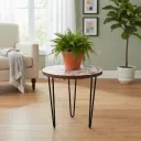 Handcrafted Floral & Bird Pattern Round Side Table - Enamel Coated Top with Black Iron Hairpin Legs