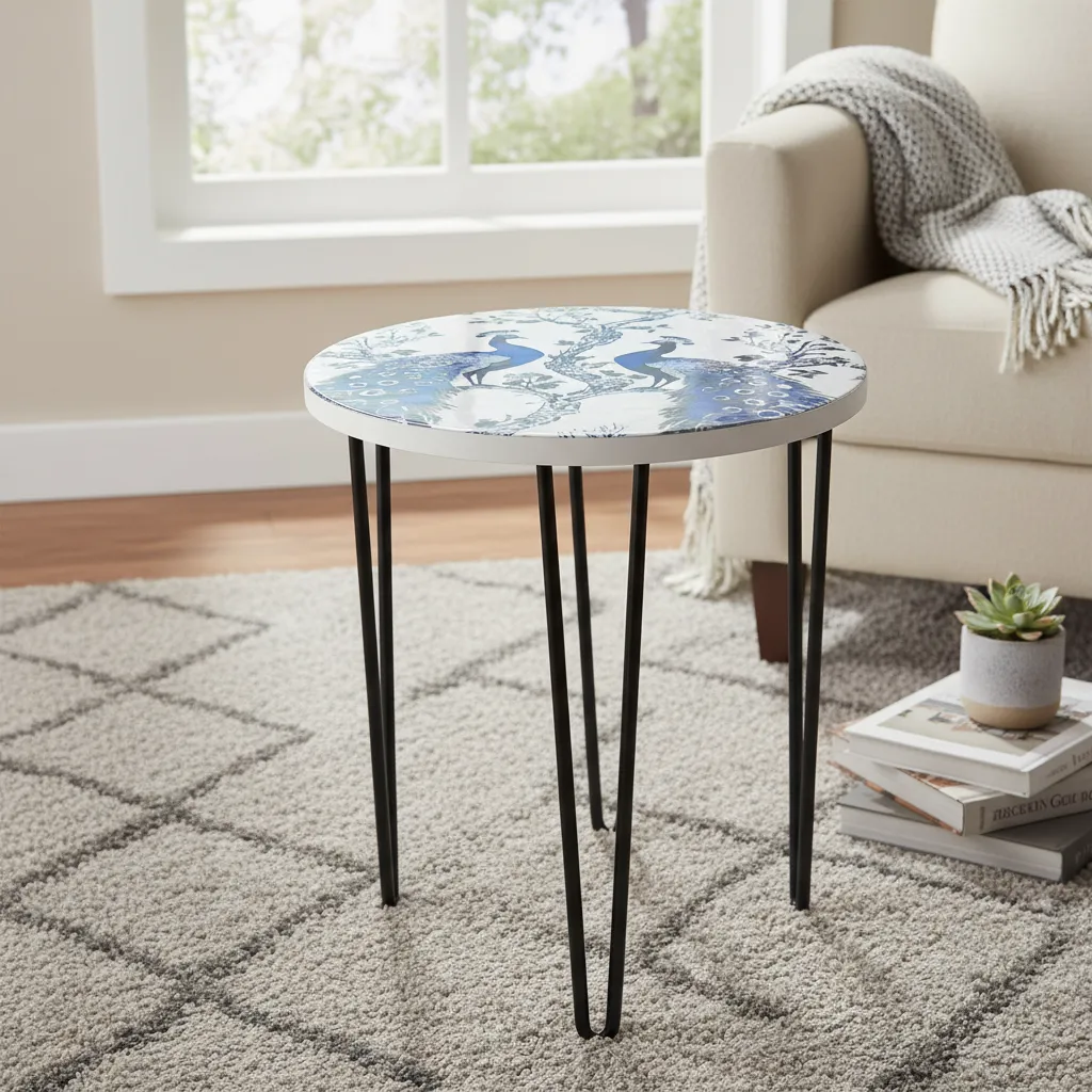 Handcrafted Peacock Enamel Wooden Side Table with Iron Hairpin Legs – Decorative Round (10*15)