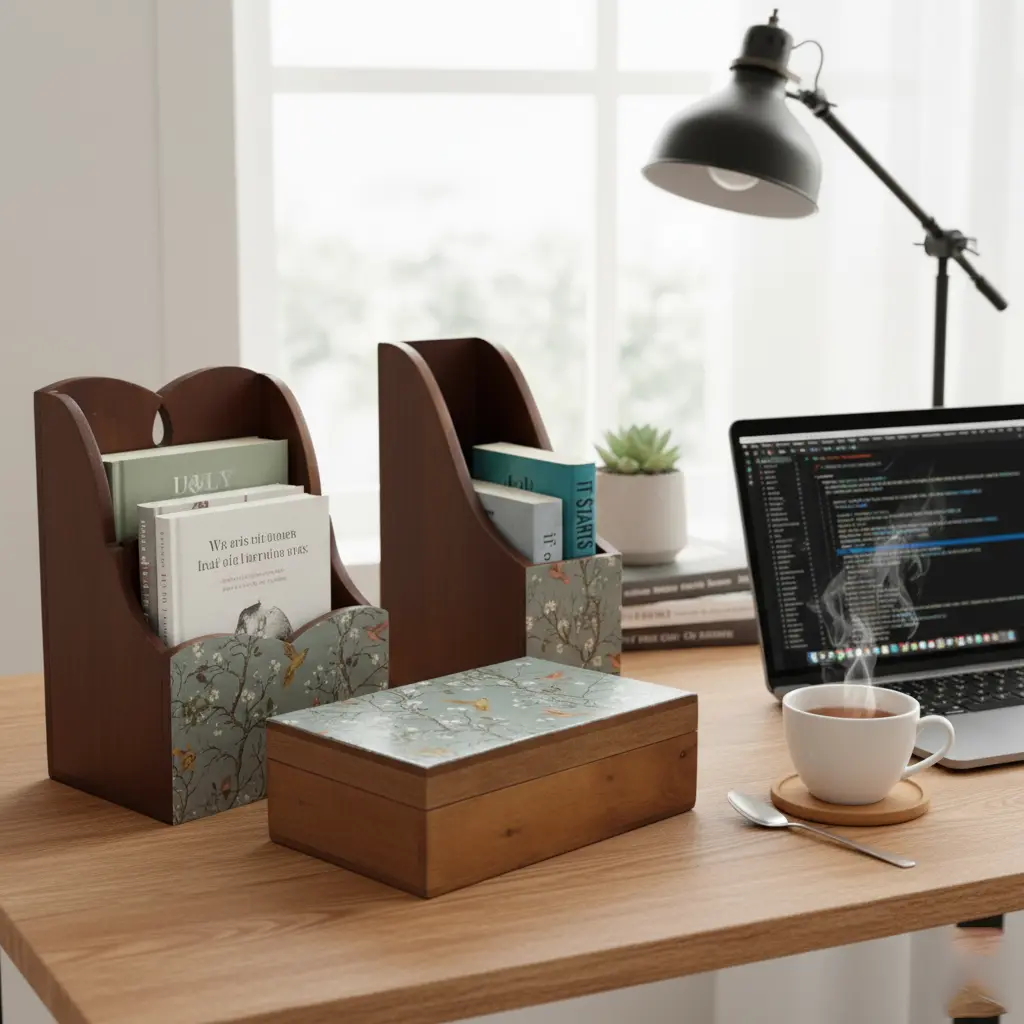 P5 "Complete Wooden Desk & Home Organizer Set (Box Holder)