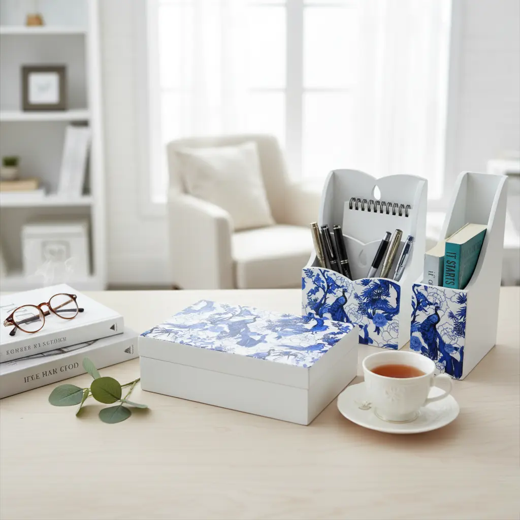 Elegant White Wooden Desk Organizer Set
