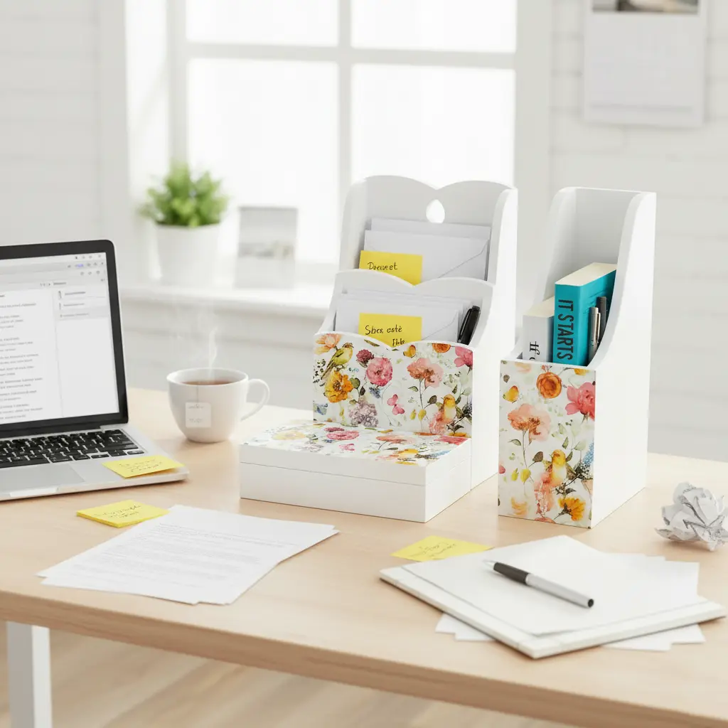 Elegant White Wooden Desk Organizer Set