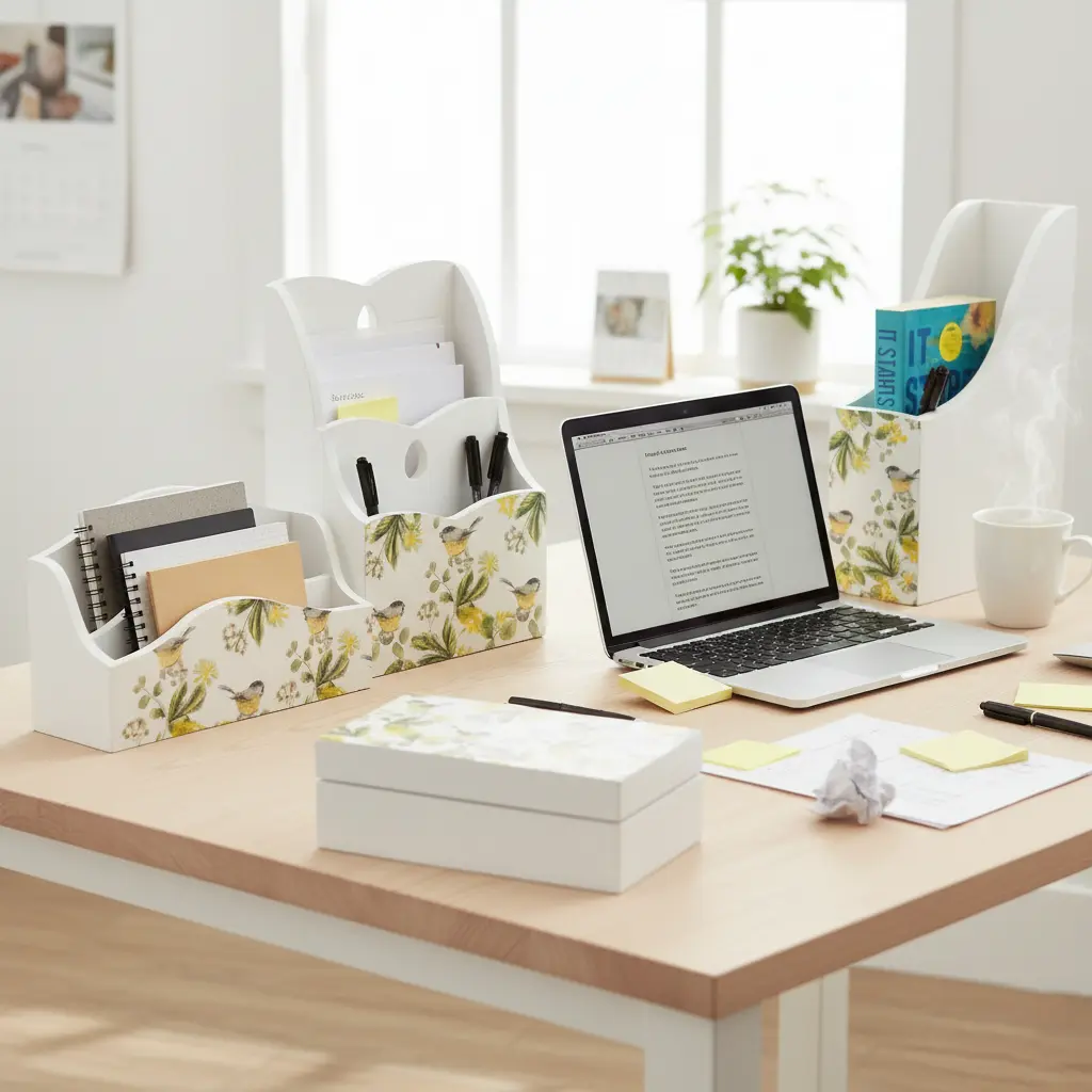 Complete White Wooden Desk & Home Organizer Set (4-Piece) | Elegant Floral & Bird Decal