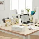 P17 "Complete White Wooden Desk & Home Organizer Set (4-Piece) | Elegant Floral & Bird Decal