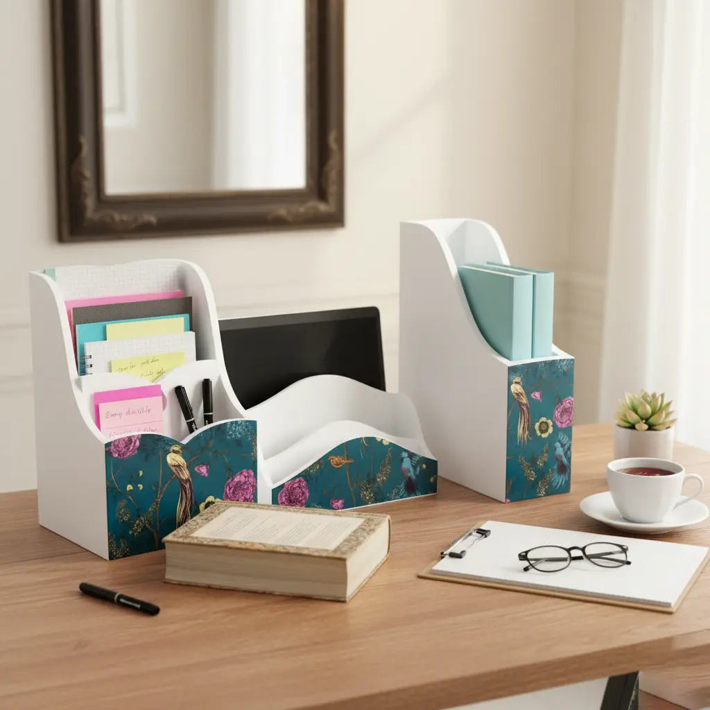 P21 "Exotic Floral & Bird Wooden Desk and Book Organizers Set"