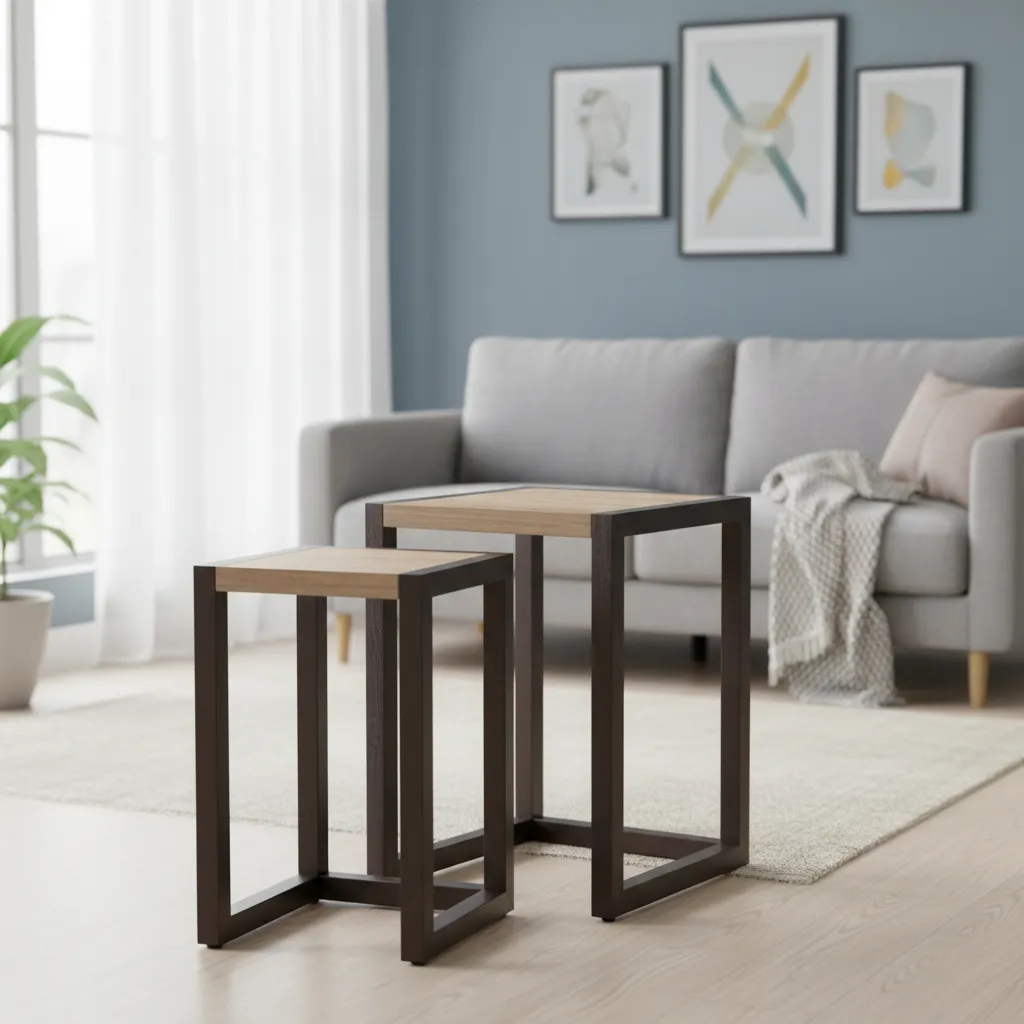 Modern Industrial Nesting Side Tables – Set of 2 Wood & Metal End Tables (15*15*19)