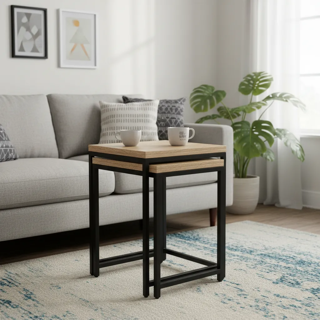 Space-Saving Square Nesting Coffee Tables – Minimalist Light Oak & Metal Furniture Set (16*16*17)