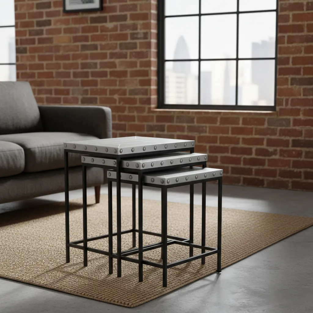 P5 Modern Metals Industrial Nesting Side Tables - Set of 3 Brushed Steel Accent Tables (14*16)