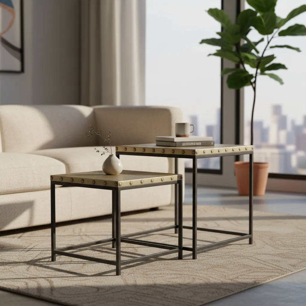Industrial Modern Square End Tables with Hand-Etched Brass Tops (20*20*20)