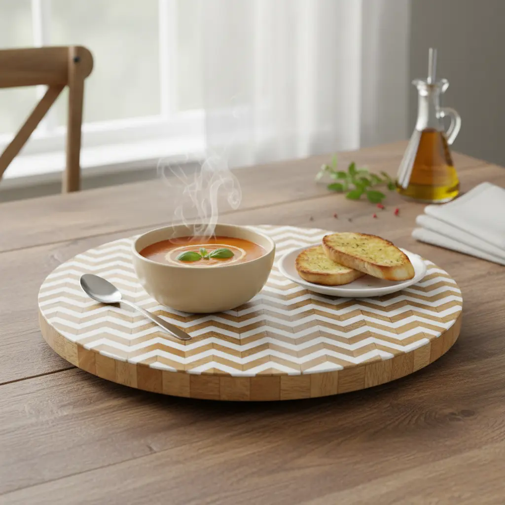 P4 Modern Chevron Wooden Lazy Susan | Stylish Centerpiece for Dining (14inch(D))