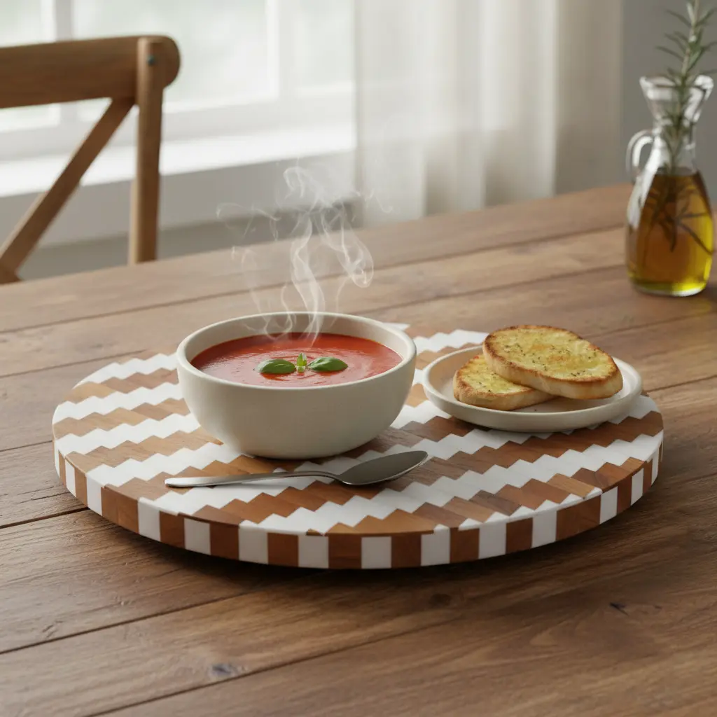 Elegant White & Teak Chevron Round Lazy Susan