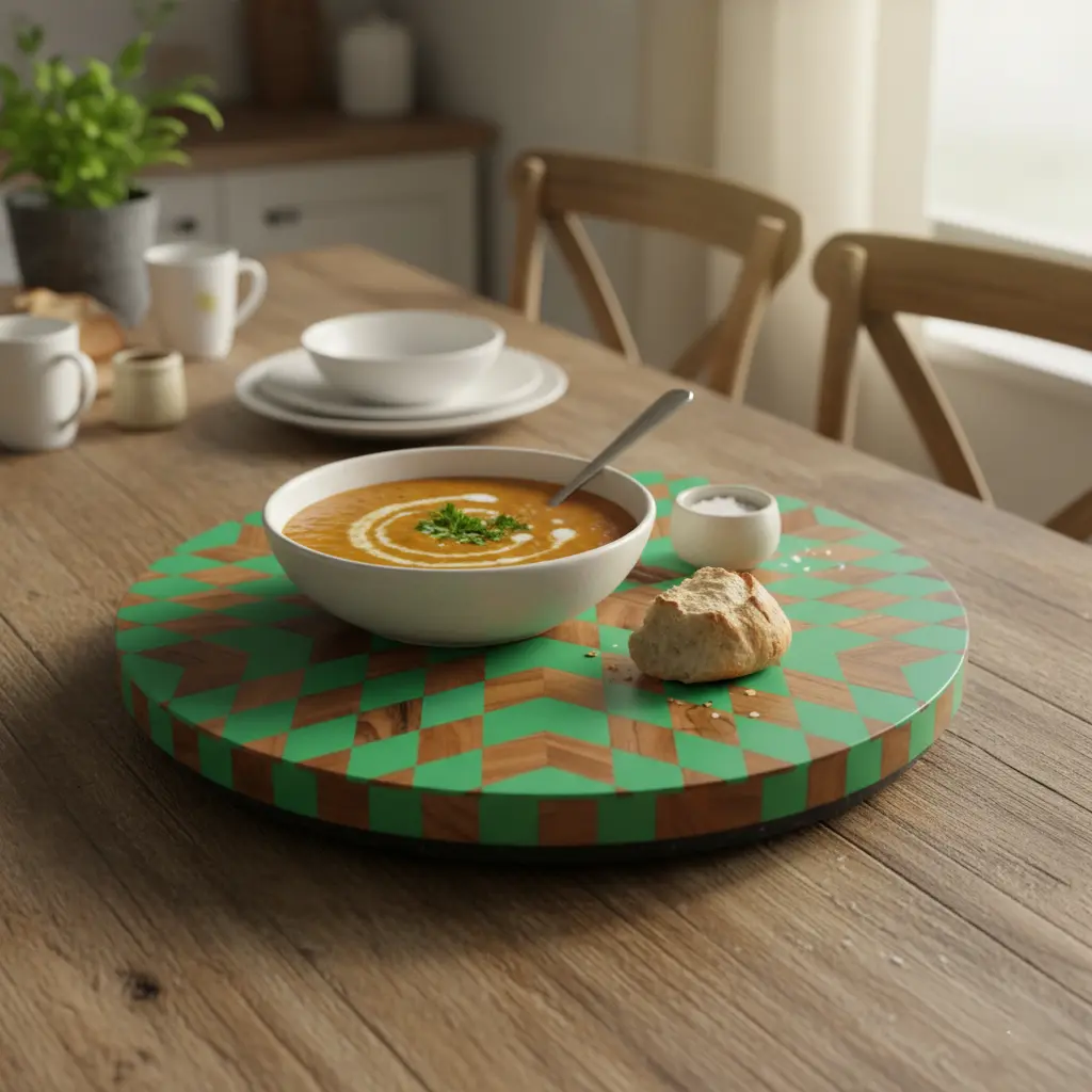 Vibrant Green & Natural Wood Starburst Inlay Round Lazy Susan