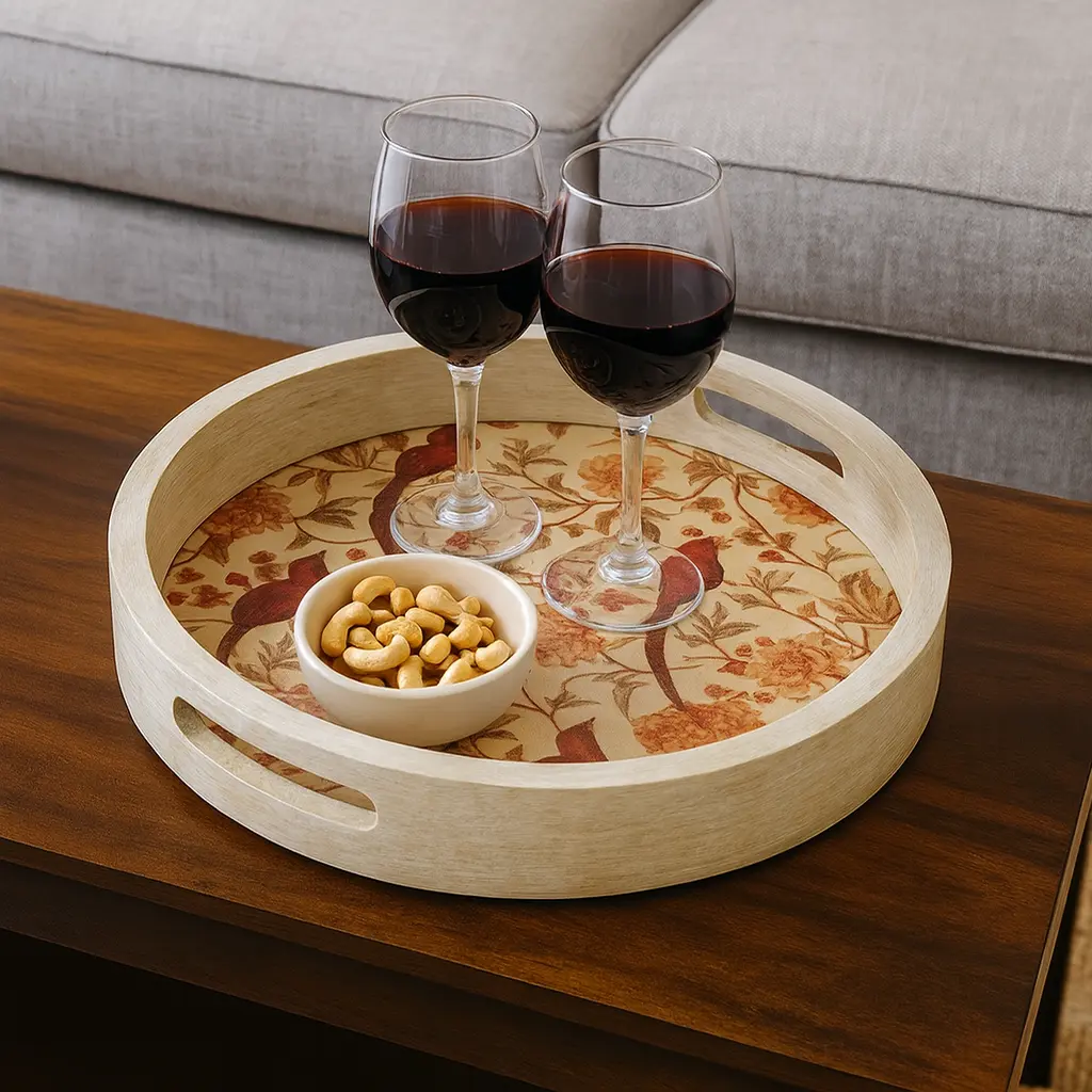 P11 Charming Round Wooden Serving Tray with Rustic Red Bird & Floral Decal - Enamel Coated