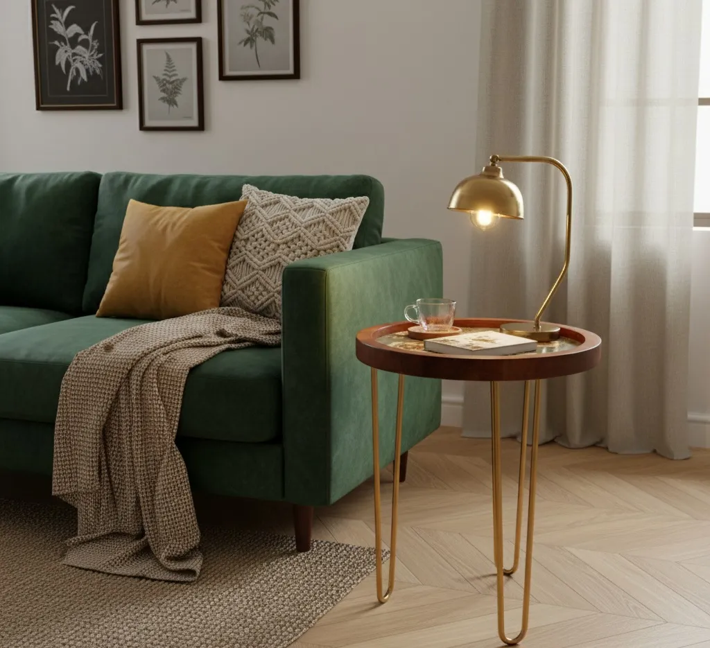 Handcrafted Round Wooden Nesting Stools with Floral Fabric Inset and Golden Hairpin Legs