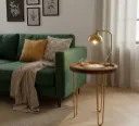 Handcrafted Round Wooden Nesting Stools with Floral Fabric Inset and Golden Hairpin Legs